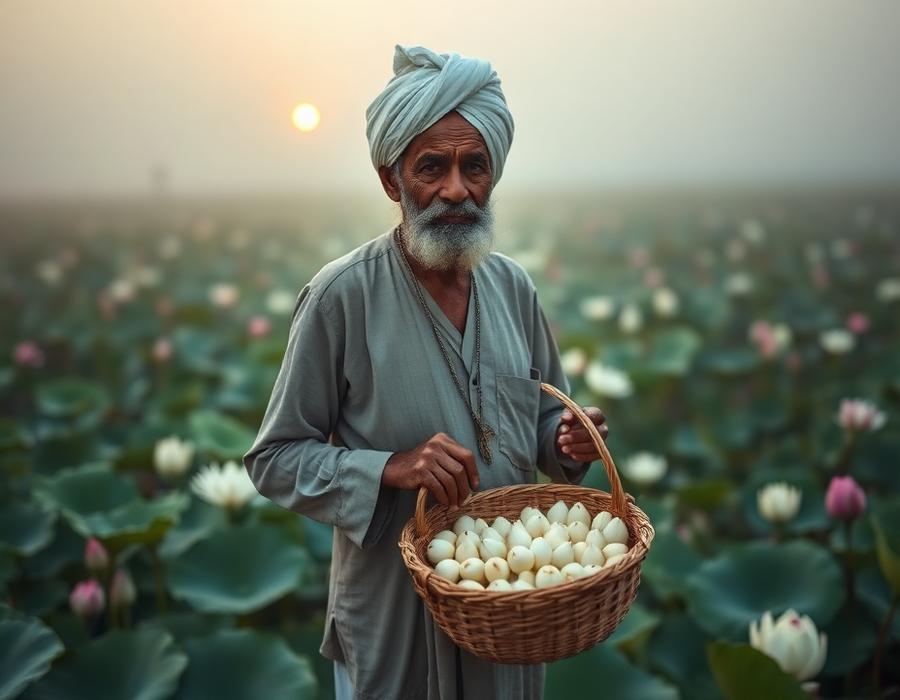 Makhana farmer harvesting fox nuts in a lotus pond in Bihar